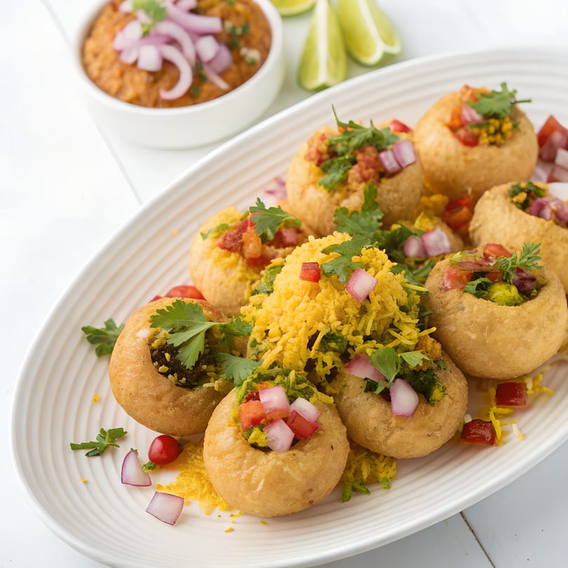 A white platter of Indian pani puri, garnished with chopped onions, tomatoes, and cilantro.