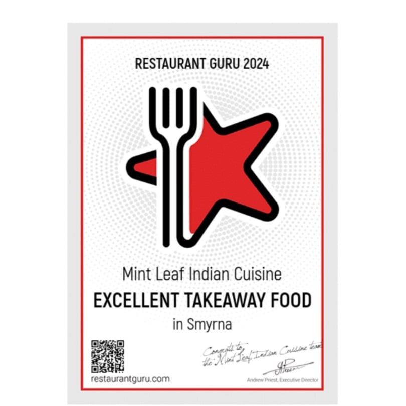 Restaurant Guru 2024 award for Mint Leaf Indian Cuisine, "Excellent Takeaway Food in Smyrna".