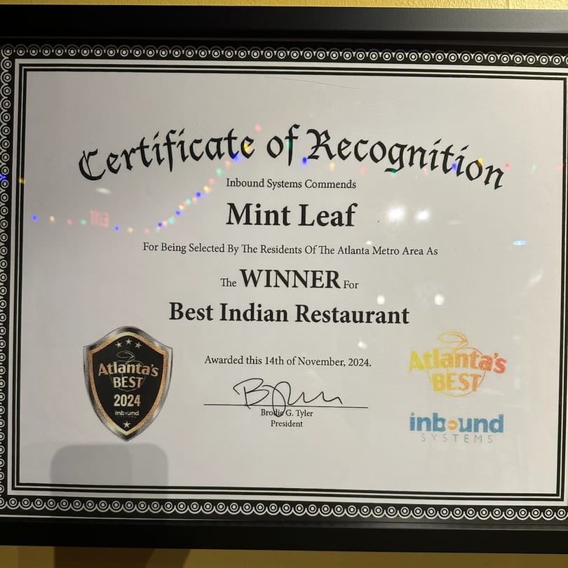 Mint Leaf Indian Cuisine's "Certificate of Recognition" for "Best Indian Restaurant" from Atlanta's Best 2024.