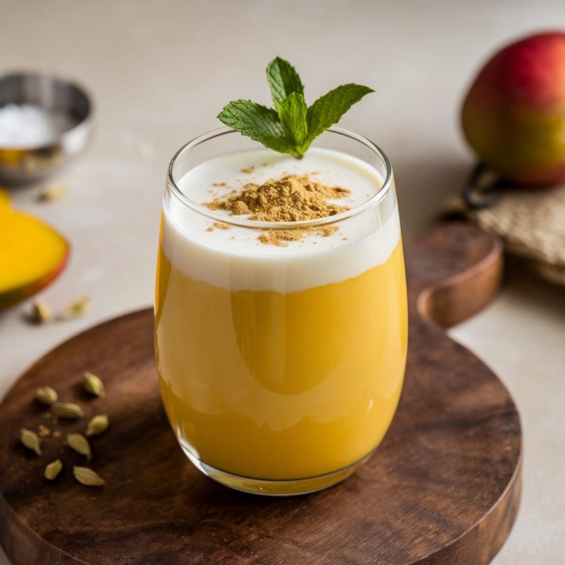 A glass of vibrant yellow mango lassi, topped with white foam, brown spice, and a mint sprig.