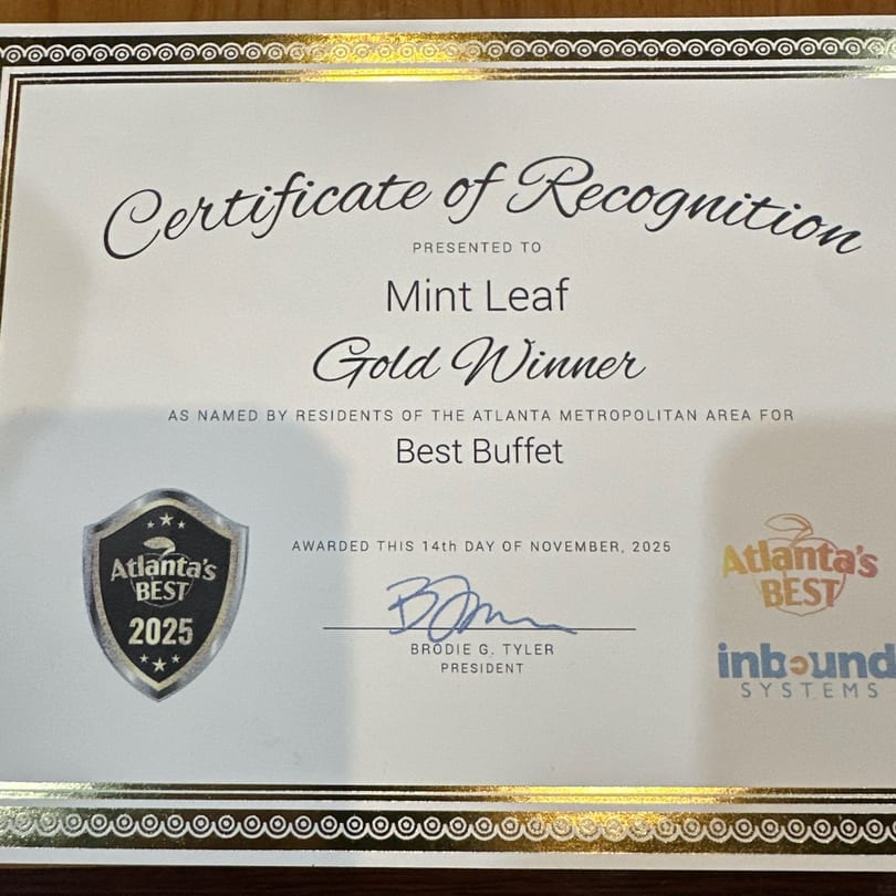 Mint Leaf Indian Cuisine's "Certificate of Recognition" for "Best Buffet" from Atlanta's Best 2025.