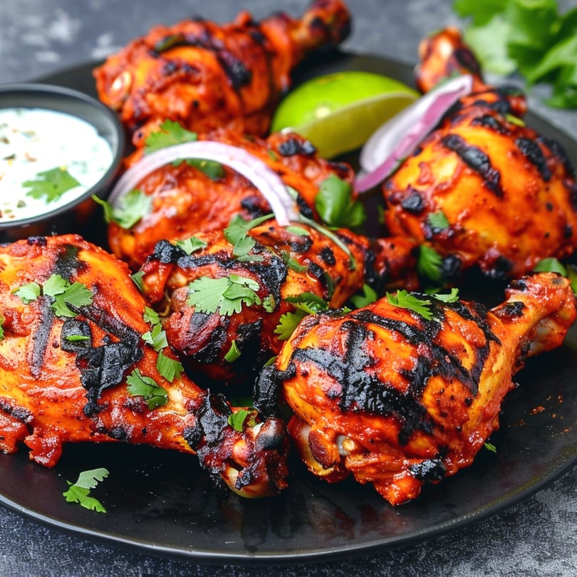 Mint Leaf Indian Cuisine's Tandoori Chicken drumsticks, garnished with cilantro, lime, and red onion.