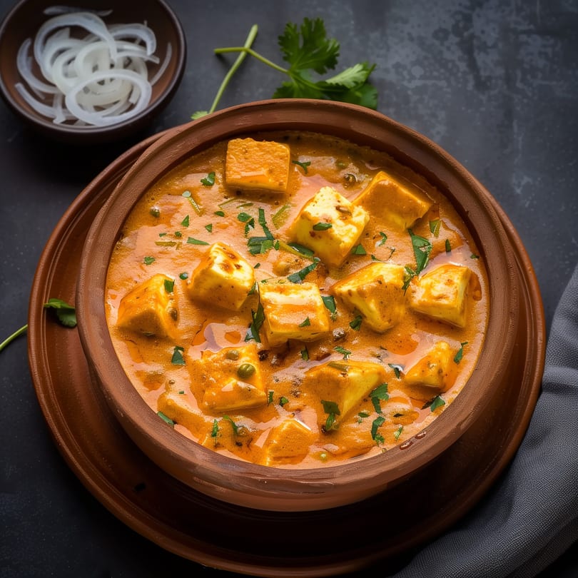 Indian paneer curry with fresh cilantro and a side of sliced onions in a brown bowl.