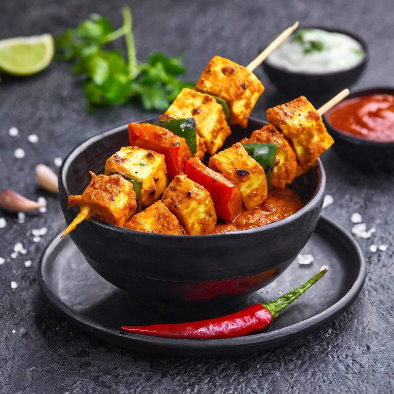 Indian paneer tikka skewers with bell peppers in a black bowl, with sauces and lime.