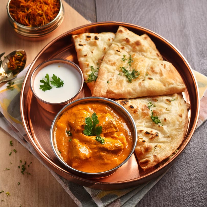 Mint Leaf Indian Cuisine's butter chicken, naan bread, and raita served on a copper platter.